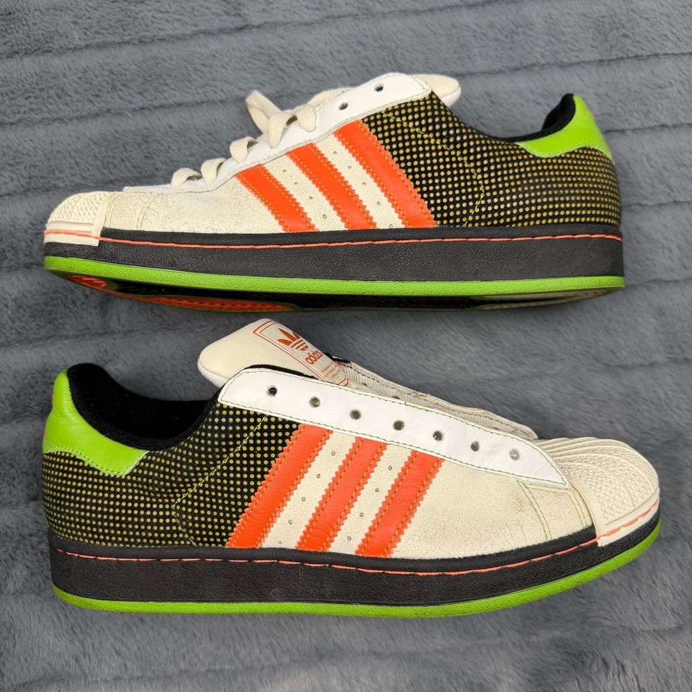 Adidas Superstar Men 10 White Lime Green Orange Shell Toe Sneakers 019021
